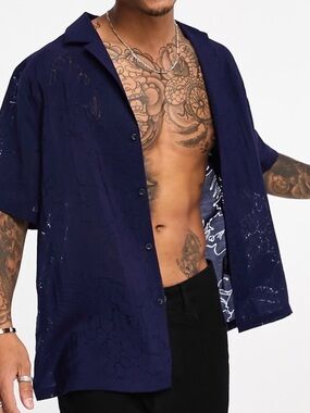 ASOS Navy Relaxed Camp Collar Burnout Leaf Design Textured Short Sleeve Shirt